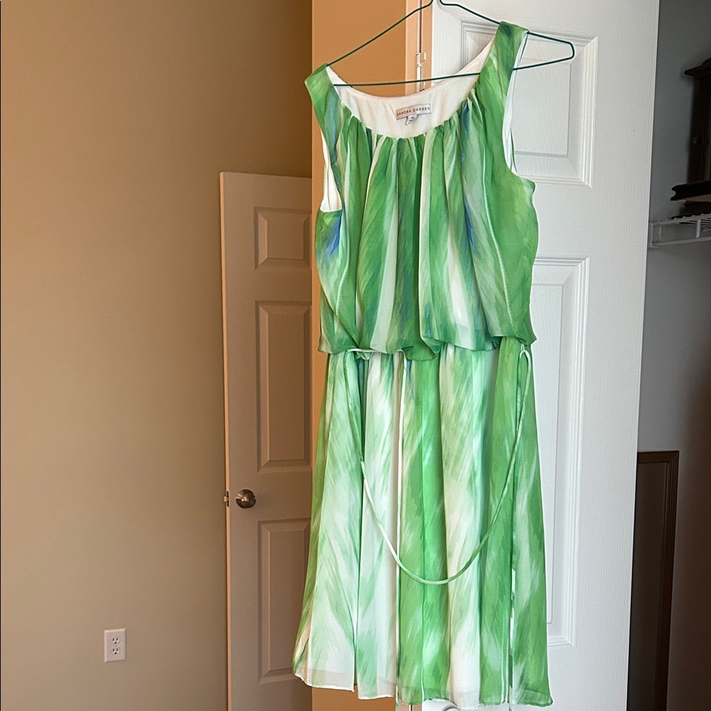 Sandra Darren Green and White Watercolor Tie-Waist Midi Dress